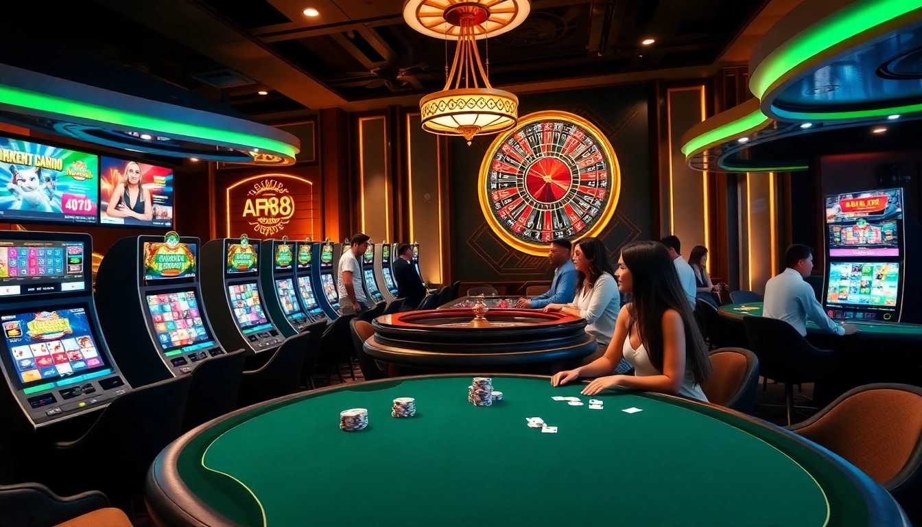 A vibrant scene showcasing players engaging with the AF88 app in a luxurious online casino.