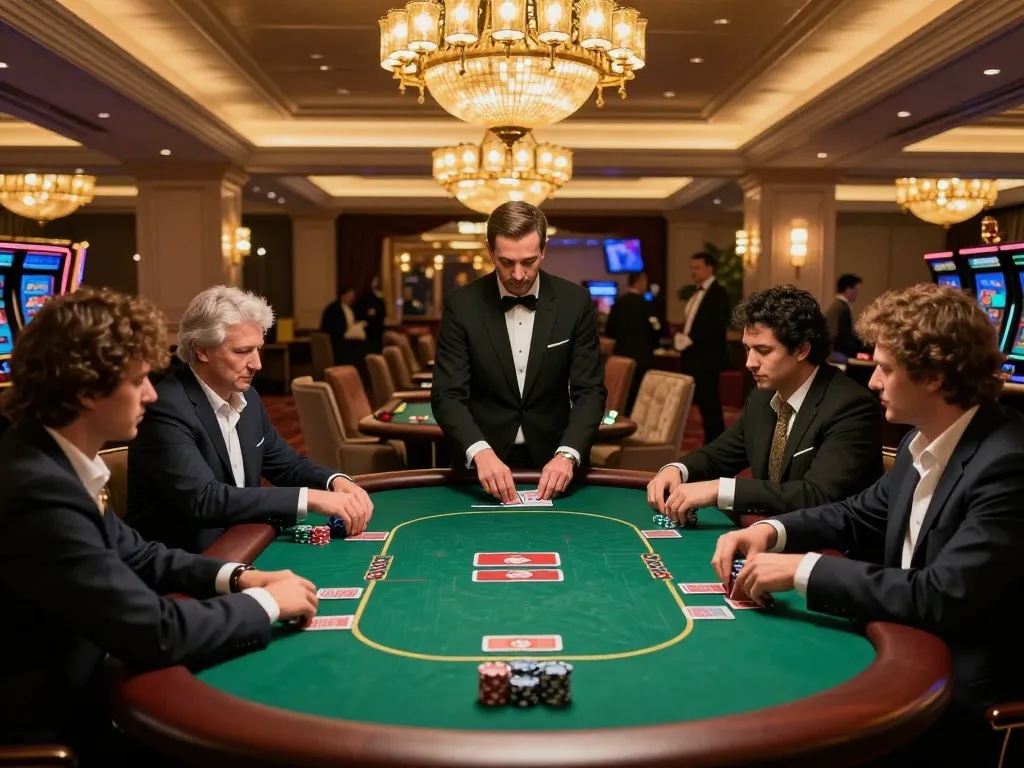 Experience strategic gameplay on https://7m.us.com/ in an upscale casino's VIP poker area with elegant ambiance.