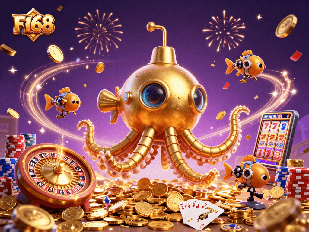Win big with F168's thrilling gaming experience featuring vibrant 3D casino elements.