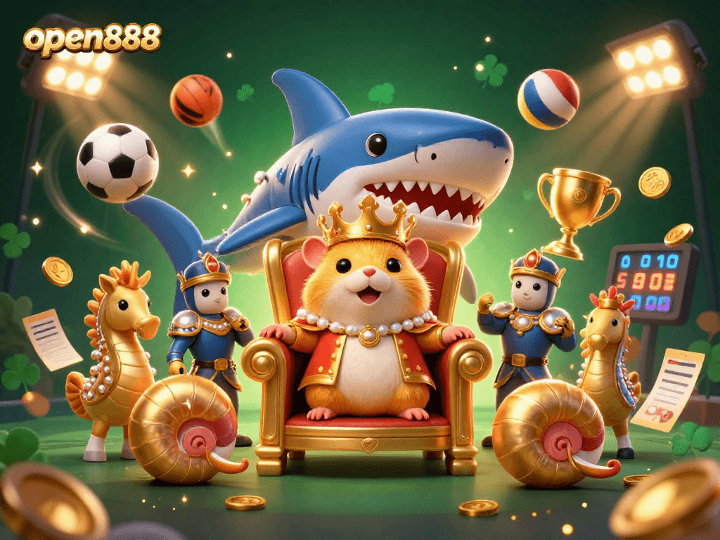 Experience the thrill of open888's betting action with a golden hamster king and dynamic sports elements.