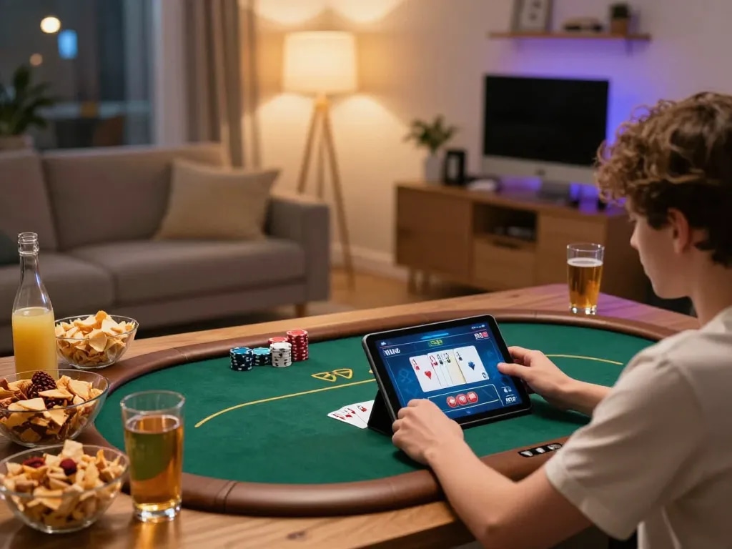 Engaging player enjoying Bayvip poker experience on tablet in cozy home setting.