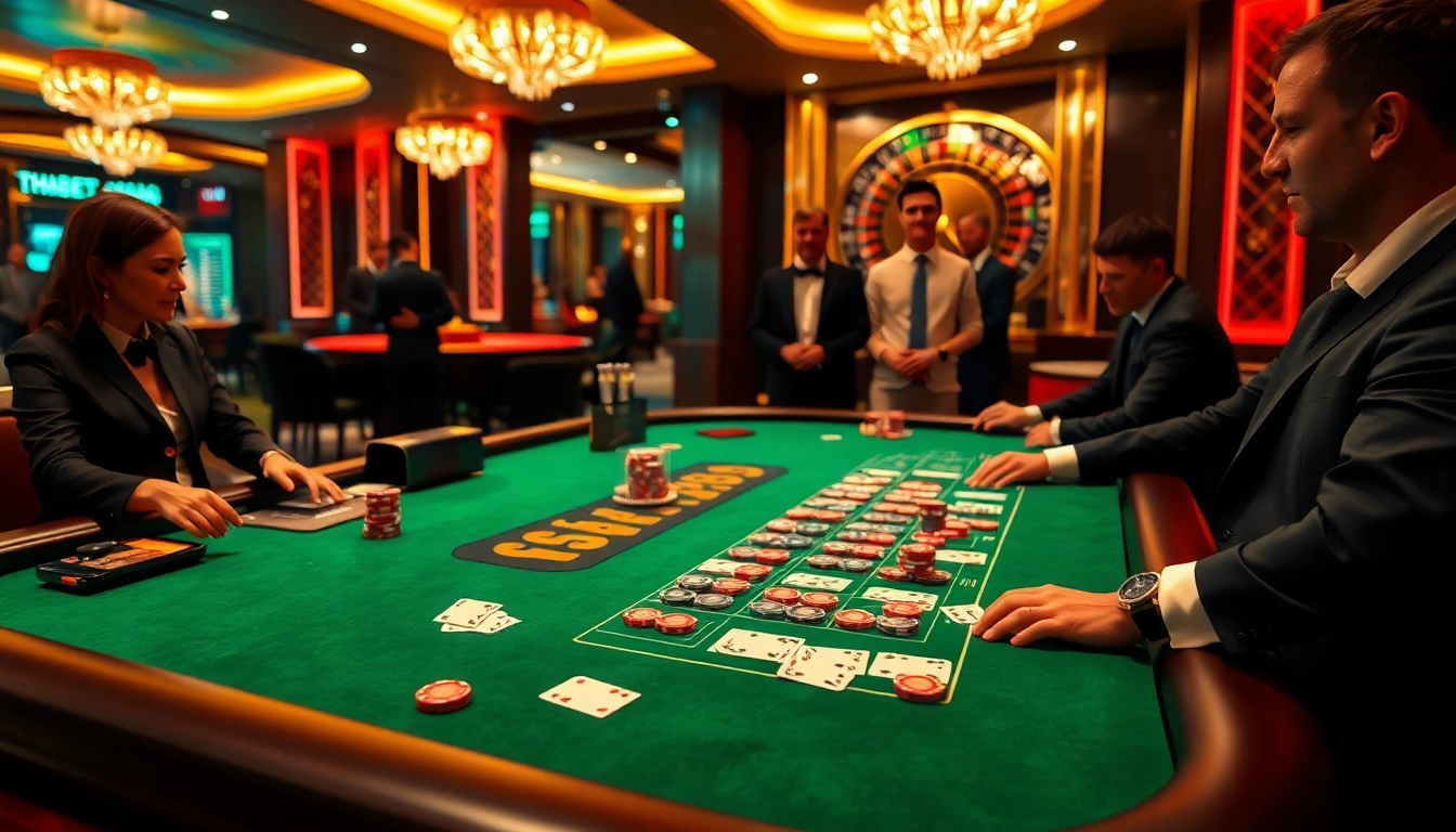 Experience thabet link chuẩn excitement with a vibrant casino scene, including poker chips and roulette wheels.