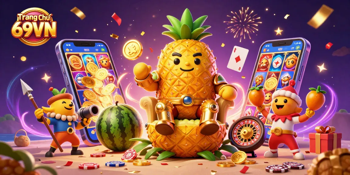 Experience winning moments with Trang Chủ 69VN amidst vibrant casino elements and characters.