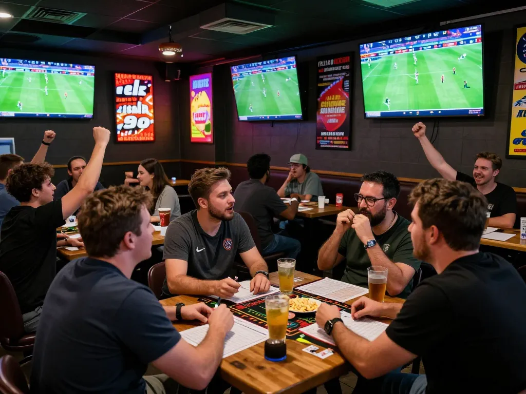 go8 sports betting enthusiasts cheering during a live match at a lively bar