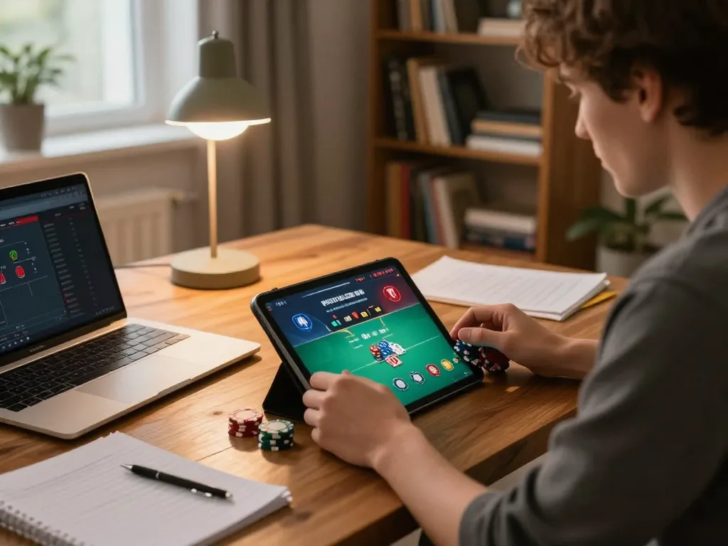 Player strategizing in LV88 online poker game at home, emphasizing comfort and focused entertainment.