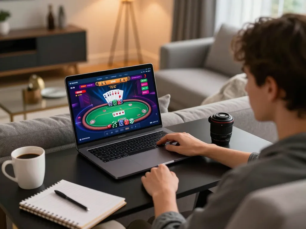 Engaging online poker action at home via FLY 88 laptop setup, promoting responsible gaming.