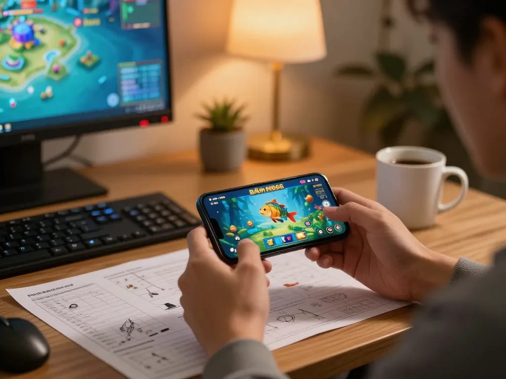 bắn cá mb66 gameplay on smartphone with strategic notes in a cozy home office setting