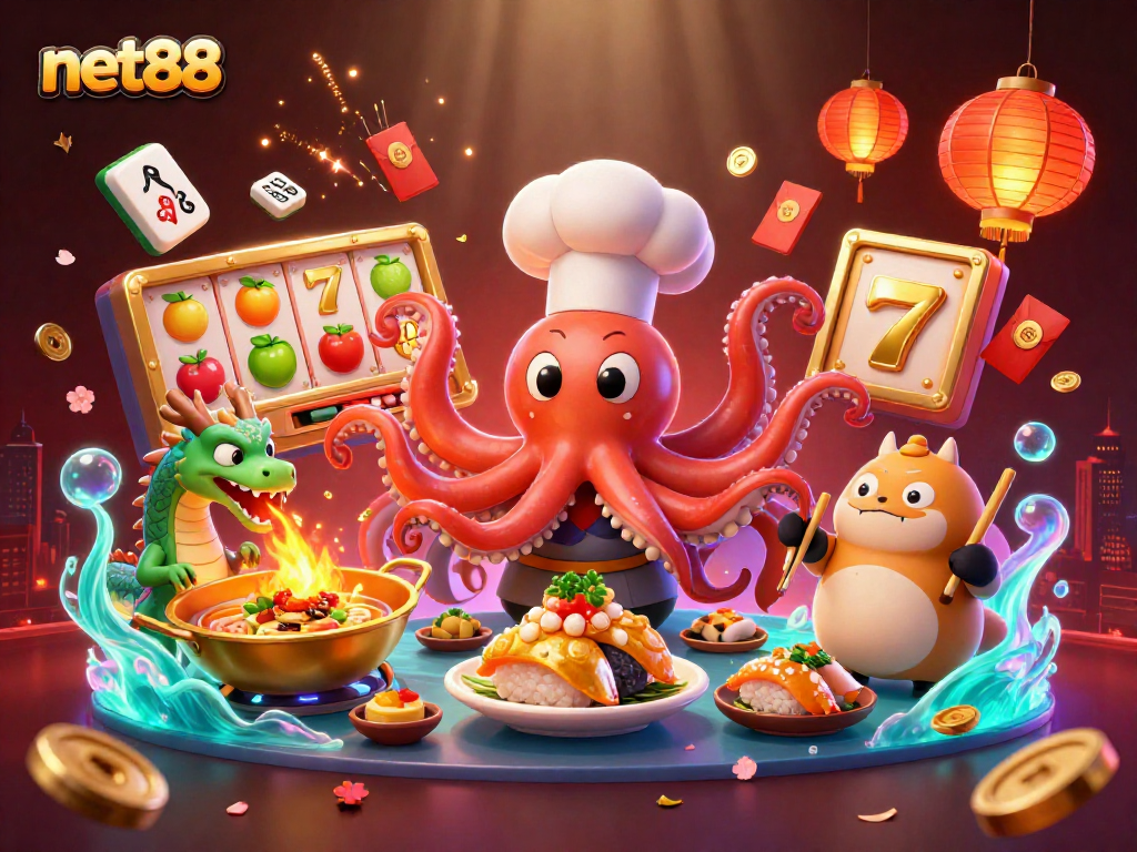 Experience net88 with a colorful 3D illustration of an octopus chef, dragon, and tanuki gaming together.