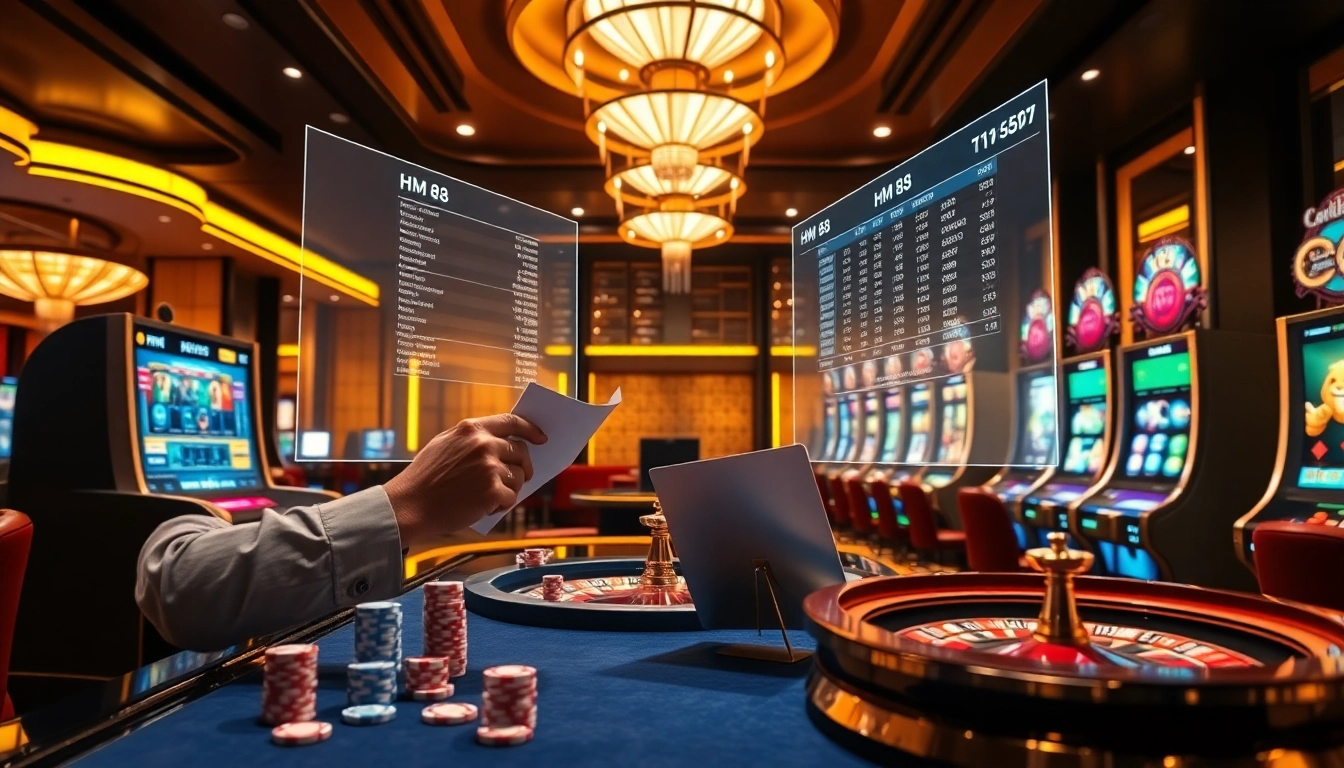 HM 88 platform displaying live betting odds with glowing poker chips and roulette wheel action