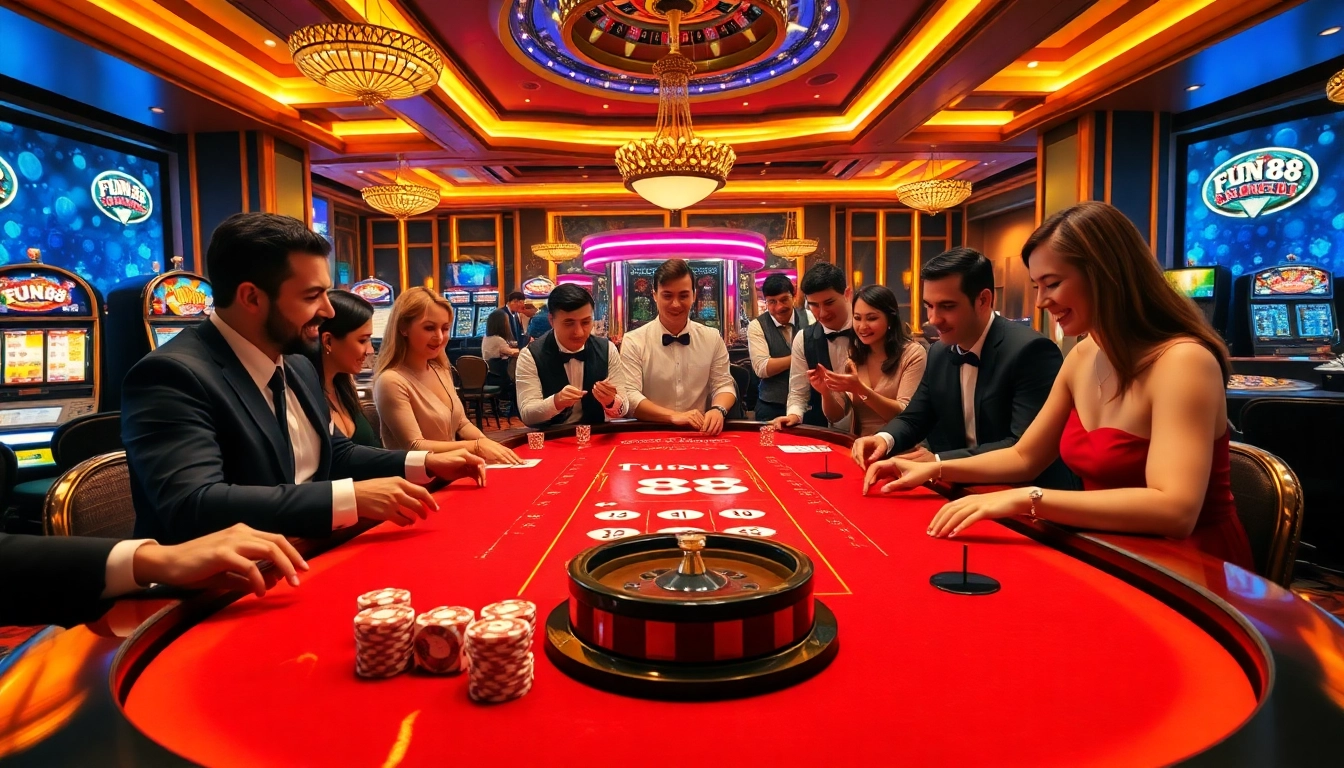 Players experiencing the thrill of Fun 88 casino games at an elegant table.