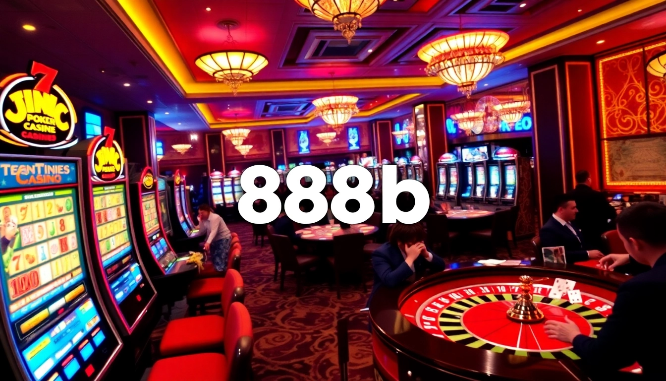 An exciting scene of players enjoying various games at 888b casino, showcasing slot machines and cards.