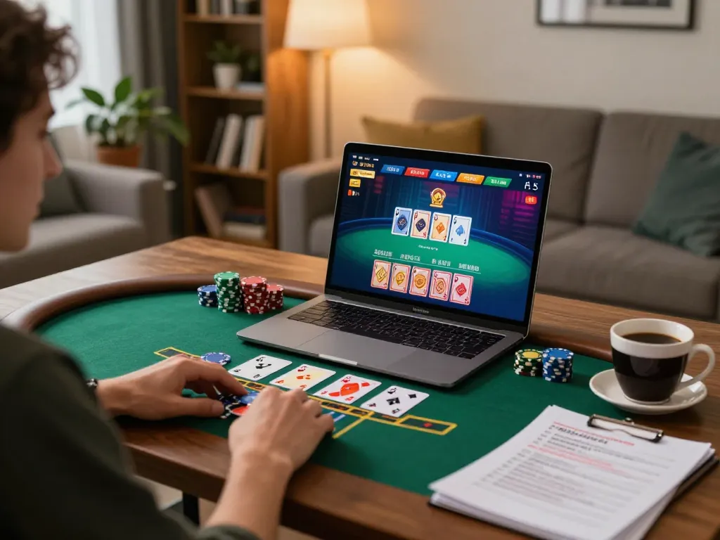 Engaging in RED88 blackjack strategy while betting online at home.