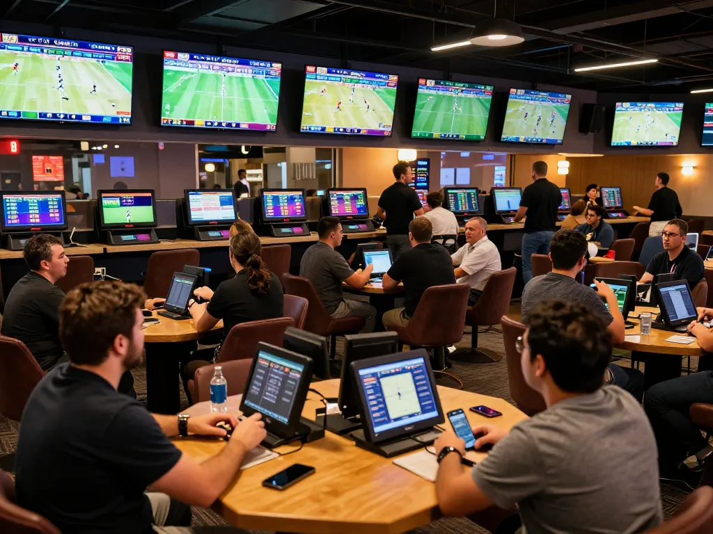 Kèo nhà cái hôm nay - Excited fans placing bets in a modern sports betting lounge.