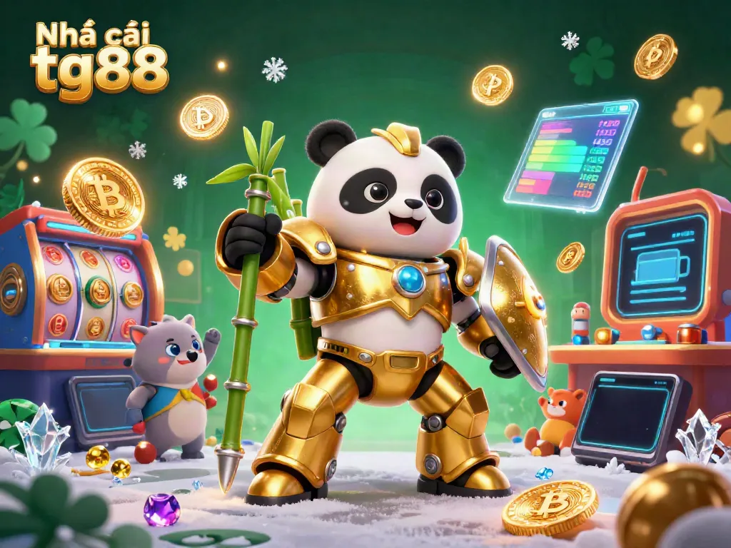 Experience thrilling games at Nhà cái tg88 with dynamic scenes of vibrant robots and crypto coins surrounding a lively casino environment.