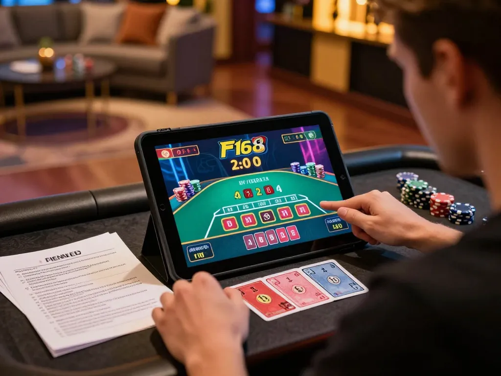 Player engaging in strategic blackjack gameplay on F168 online casino platform, showcasing focus and excitement