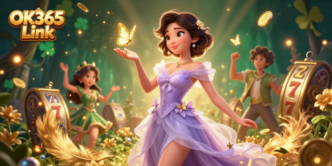 Engage with OK365 Link through an enchanting 3D casino illustration showcasing vibrant slot reels and golden tokens.