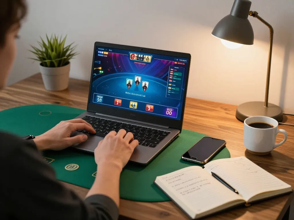 Engaging in online gambling at home with Vk88 uy tín poker game on laptop and notes for strategy.