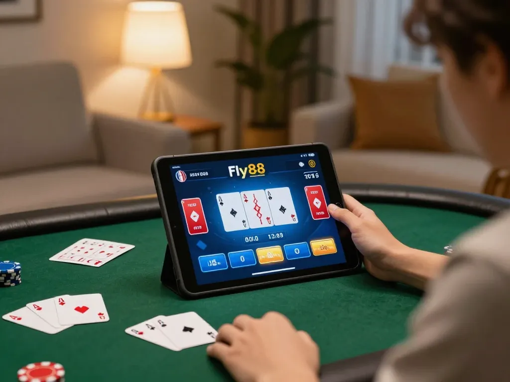 Engaged player strategizing on fly88 poker game with notes in cozy home setting