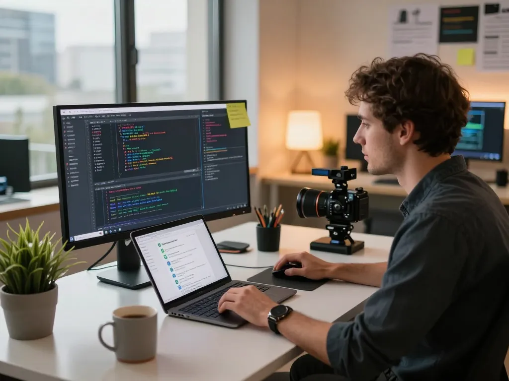 Developer using moltbot ai in a modern workspace, showcasing coding, communication tools, and a collaborative atmosphere.