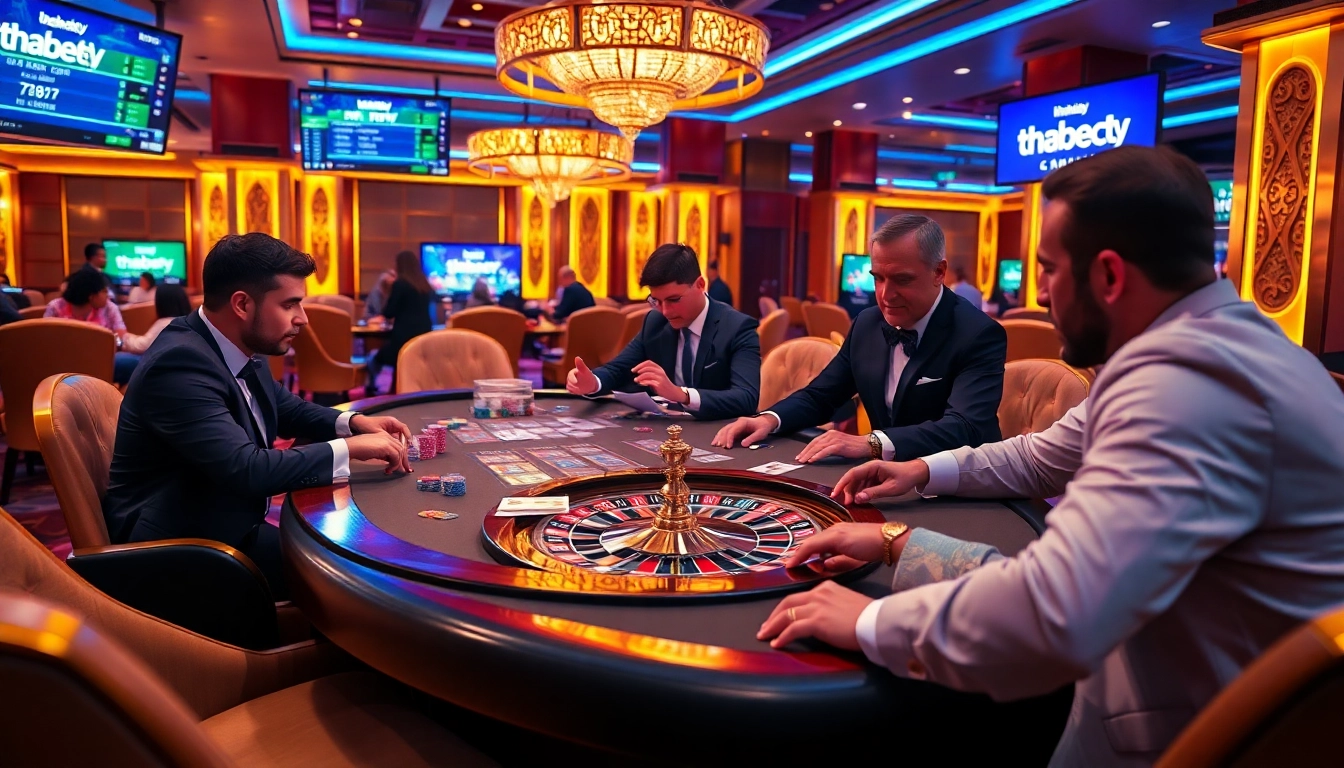 Action-packed casino scene with players engaging at thabet.baby's poker table for exciting wins.