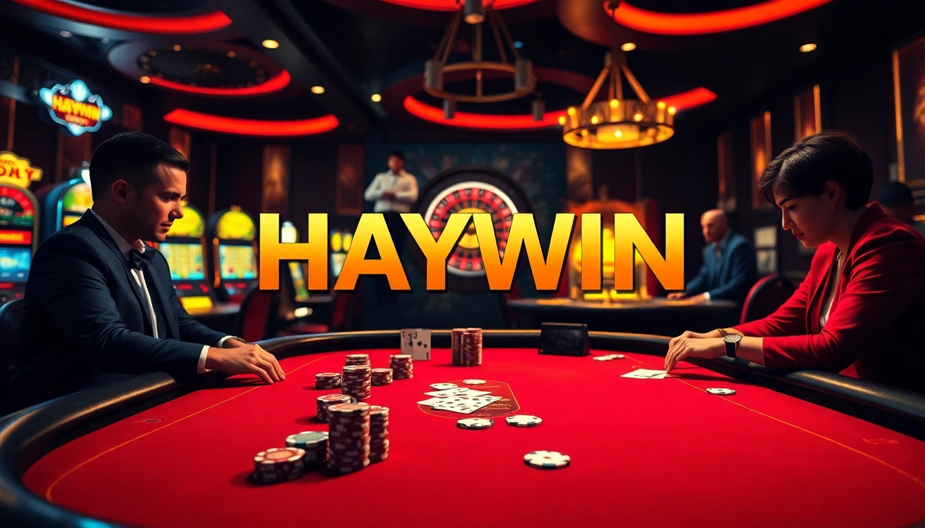 Haywin casino scene featuring poker players at a luxurious table with vibrant roulette wheel and slot machines.