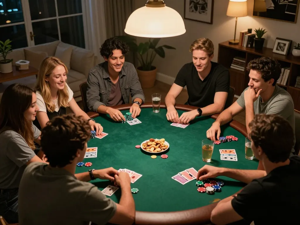 Enjoying a friendly poker game tại CM88 with players engaged, chips and cards visible, in a warm and inviting home setting.