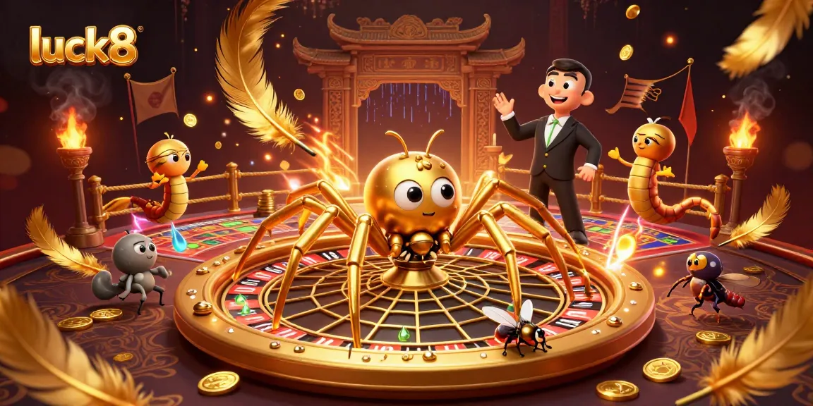 Engage in the excitement at luck8 with a golden spider and centipede croupier in a vibrant casino setting.