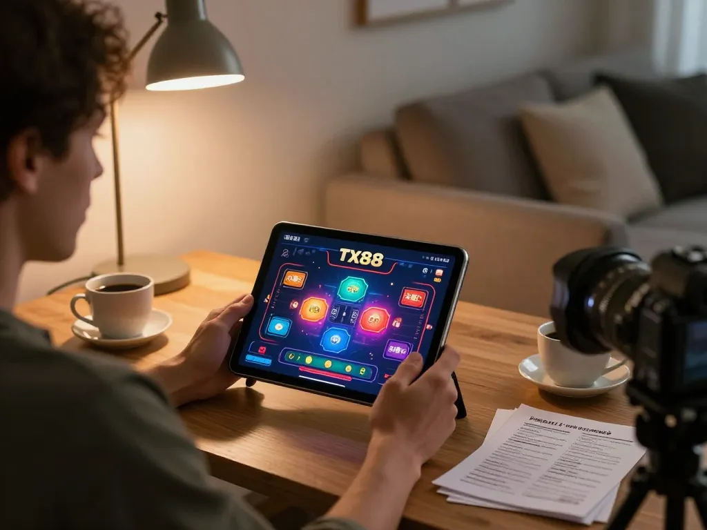 Engaged player using Tx88 gaming app on tablet in cozy home setting.