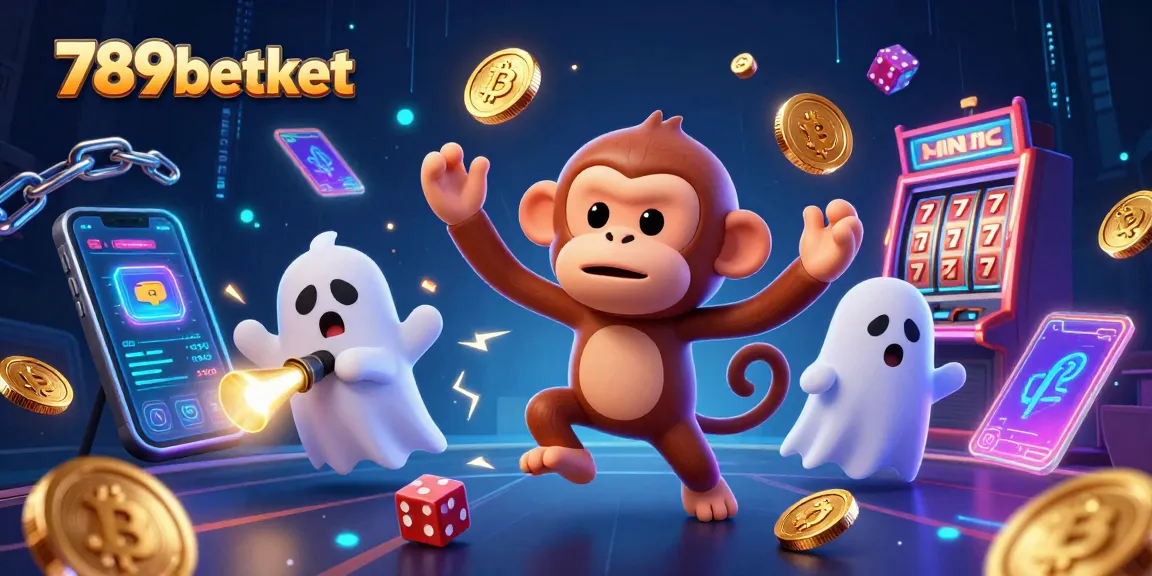 Engage with 789betket’s haunted casino as a playful monkey juggles crypto coins amidst slot machines.