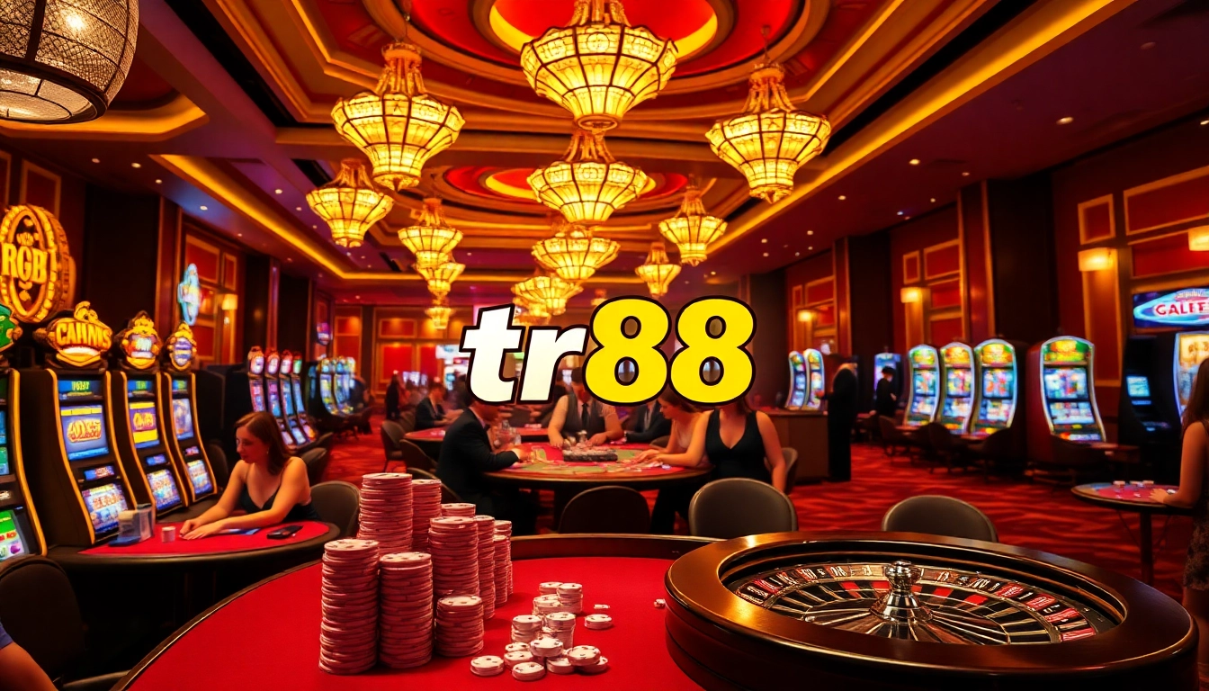 Experience the thrill with tr88 in a luxurious casino atmosphere featuring poker tables, roulette wheels, and slot machines.
