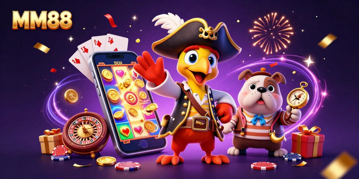 Experience the thrilling visuals of MM88 with a pirate captain, bulldog, and cat amidst vibrant casino elements.