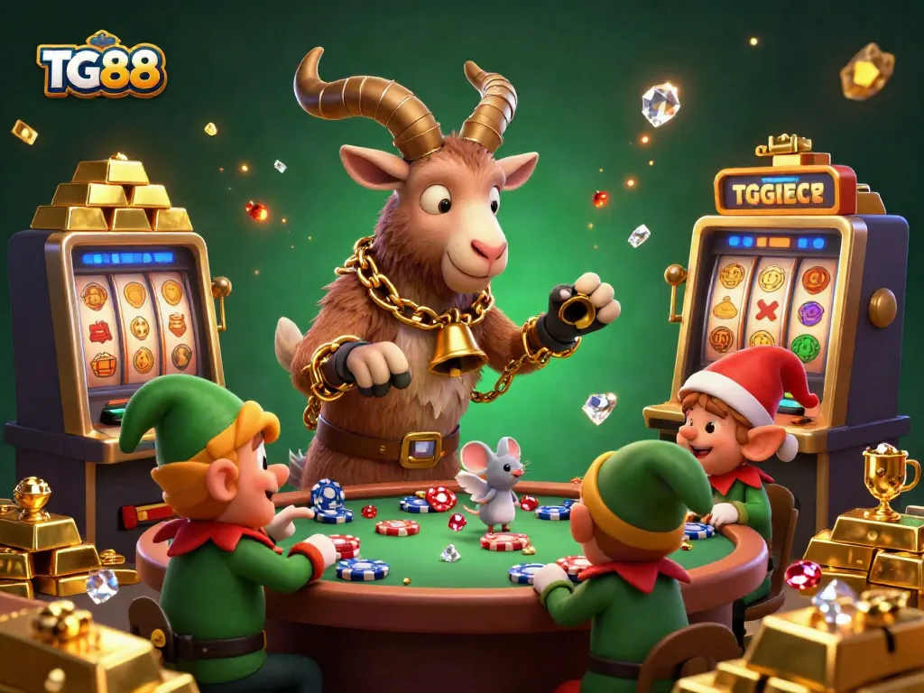Experience the excitement of TG88 with a whimsical cartoon Krampus goat managing a chaotic casino.