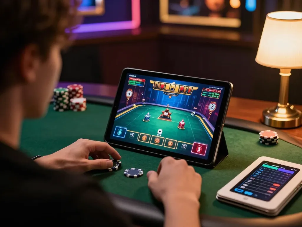Engaging in online poker strategy with 79king on a tablet, showcasing vibrant game graphics.