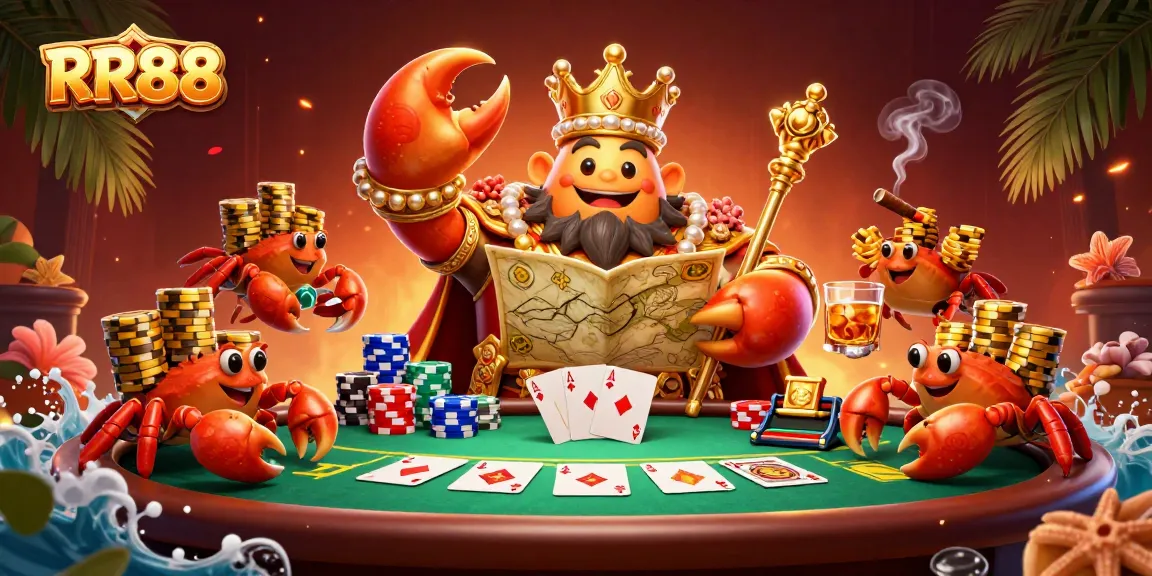 Join the RR88 gaming adventure with a golden crab emperor amid poker excitement!
