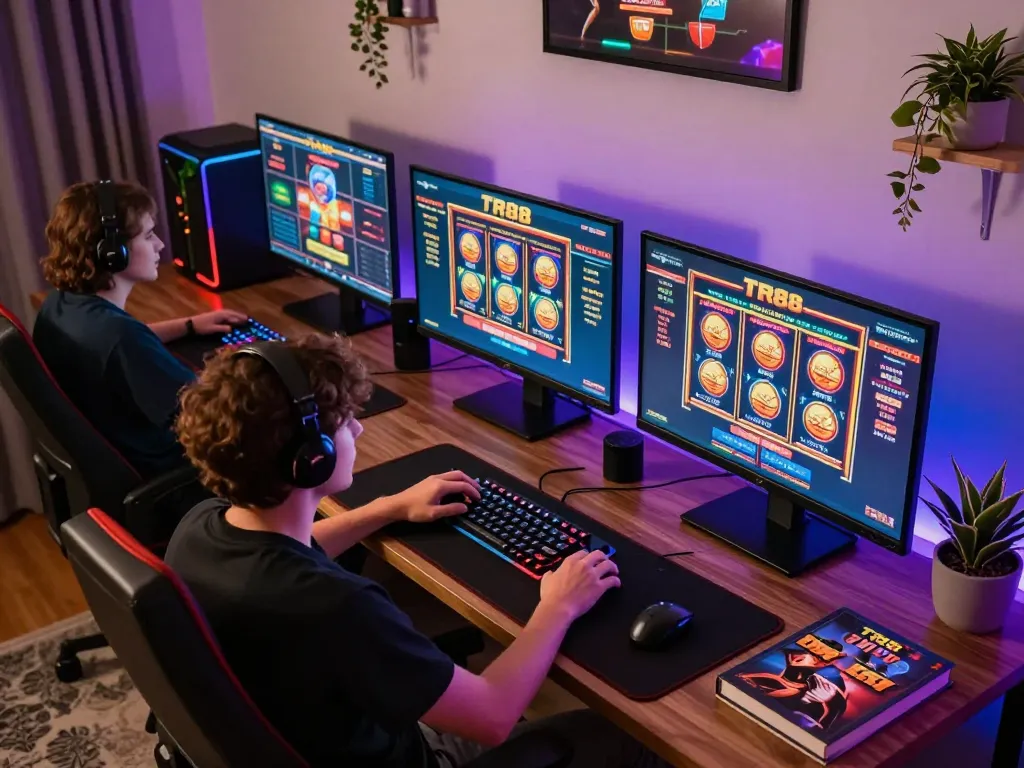 Engaging in TR88 online gaming with multiple screens showcasing casino games and vibrant RGB lighting.