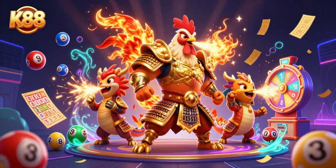 K88 features an epic gambling battle with a rooster warrior, dragon hatchling, and vibrant lottery elements.