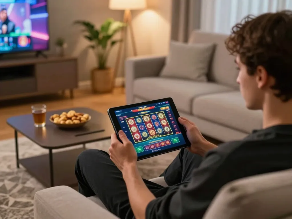 Engaging online casino experience at https://123bz.uk.net/ with dynamic tablet interface in cozy setting