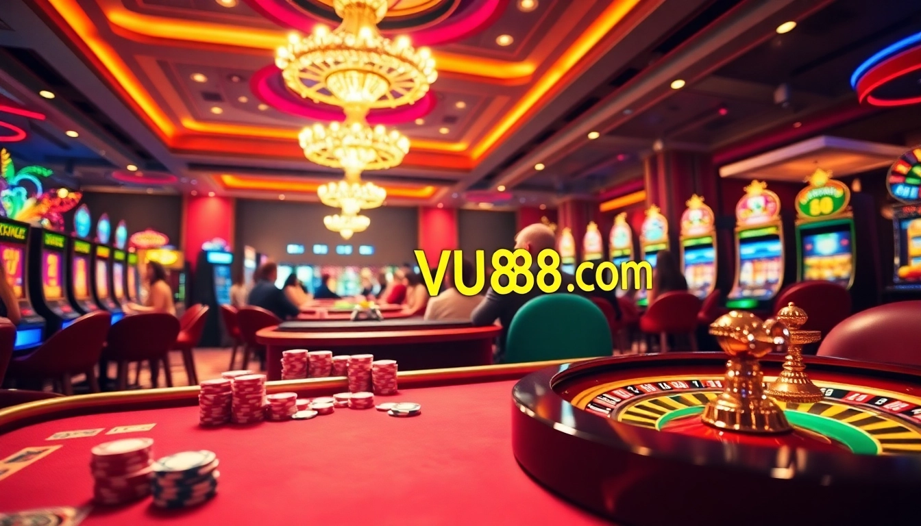 Exciting gaming scene at VU88 com featuring casino tables and slot machines for online gambling.