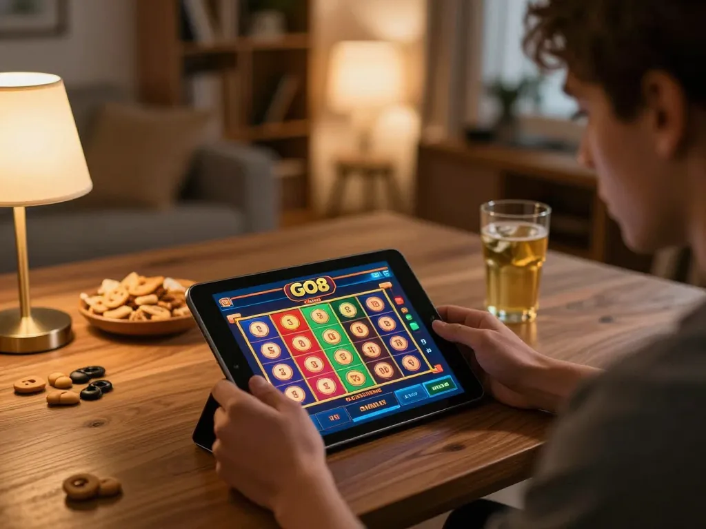 Engaging with the GO8 casino app on a tablet during a cozy home gaming session.