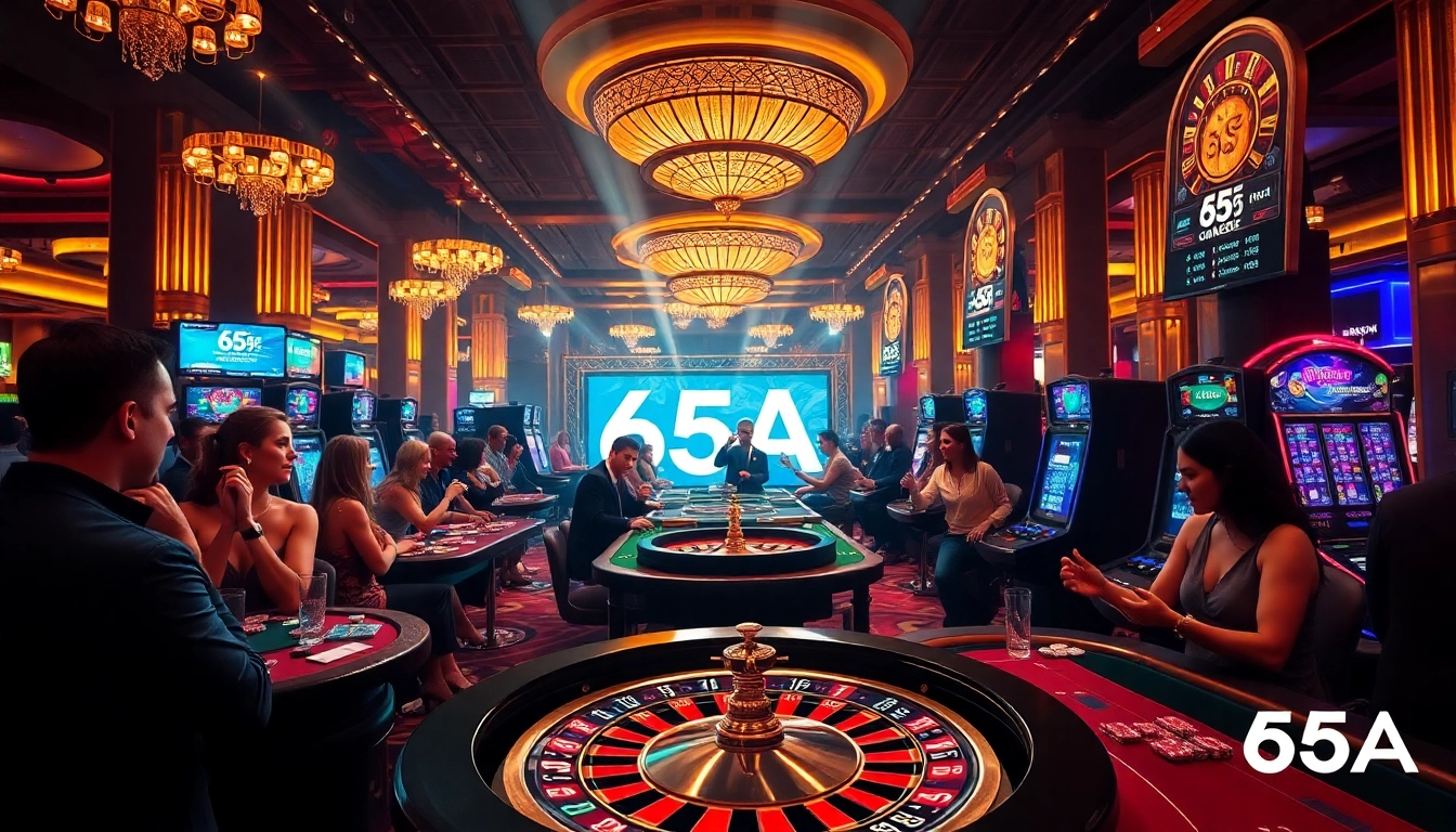 Gambling action at 65A casino with vibrant tables, slot machines, and dynamic atmosphere.