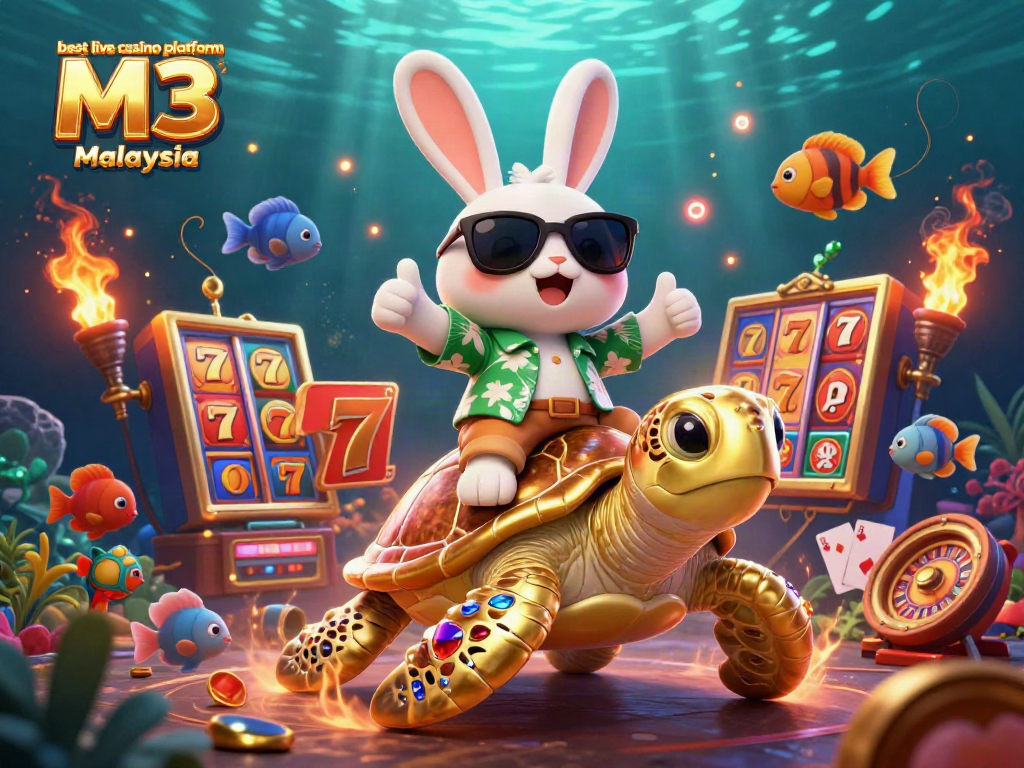 Engage with the best live casino platform M3 Malaysia, featuring a vibrant scene with a lucky rabbit and a golden sea turtle amidst casino elements.