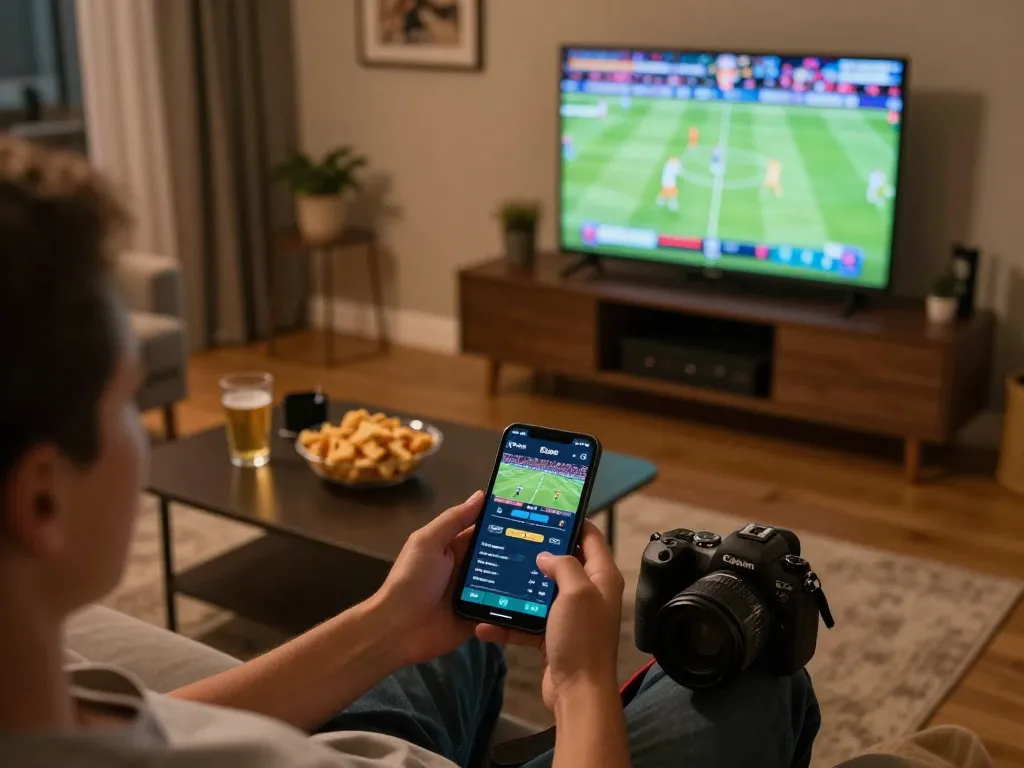 Person enjoying sports betting with Bsport app on smartphone in cozy home setting.