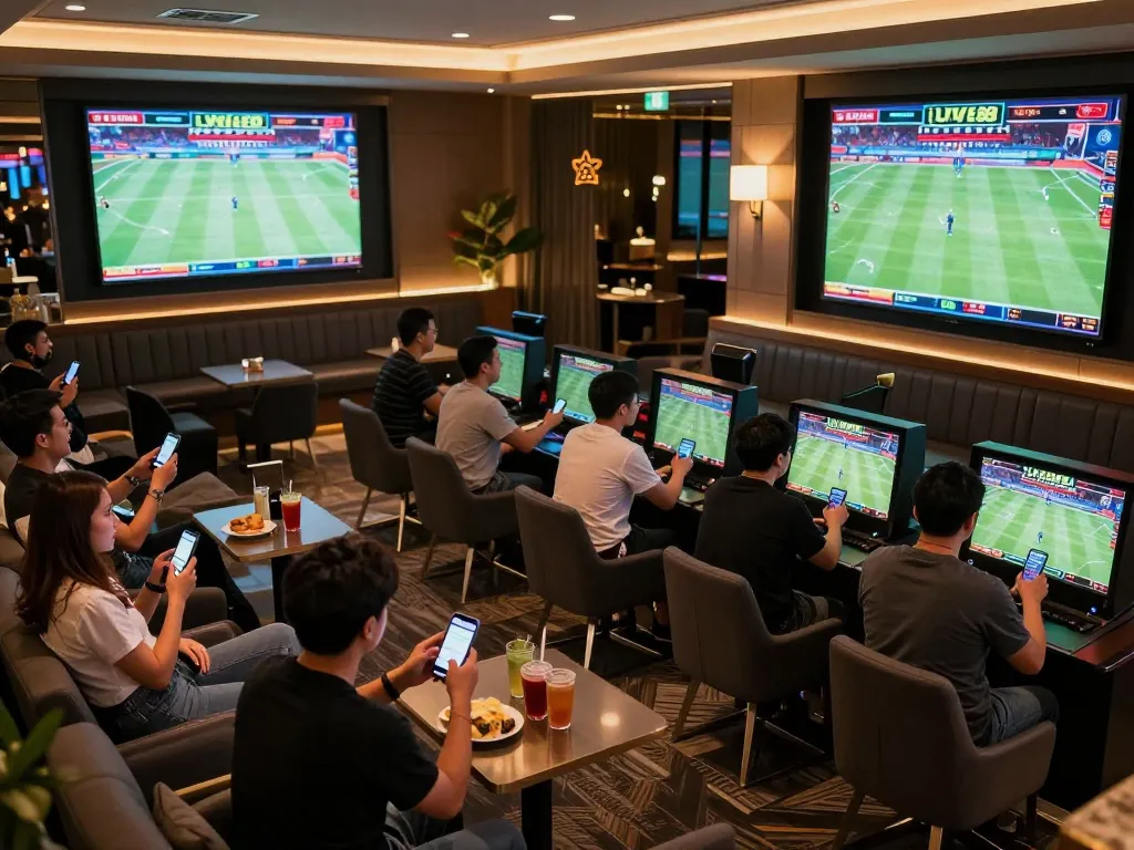Excited sports bettors engaging in live betting at LV88 with vibrant screens.
