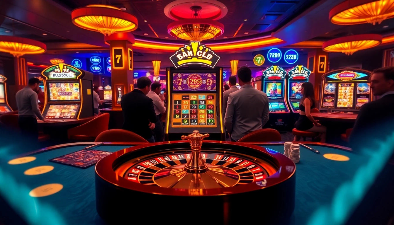 Immerse in the thrilling atmosphere of 789club with a lively casino scene showcasing roulette and slot machines.