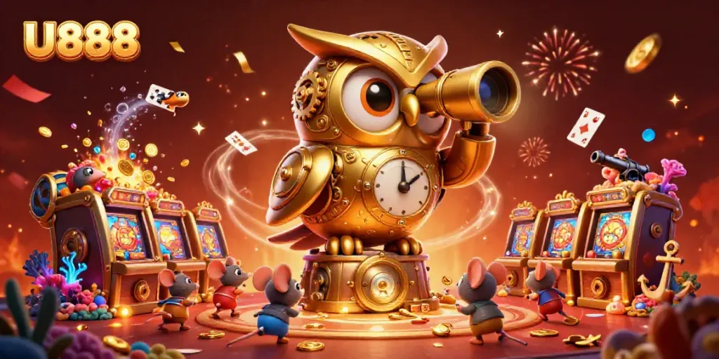 Experience U888's vibrant casino atmosphere with a whimsical golden owl and lively mice patrons.