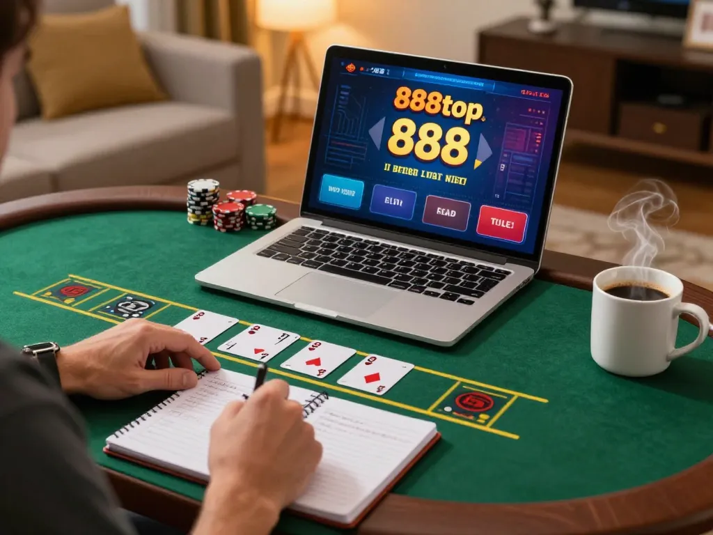 Player enjoying an immersive live dealer game at 888top in a cozy home setting, focusing on strategic gameplay.