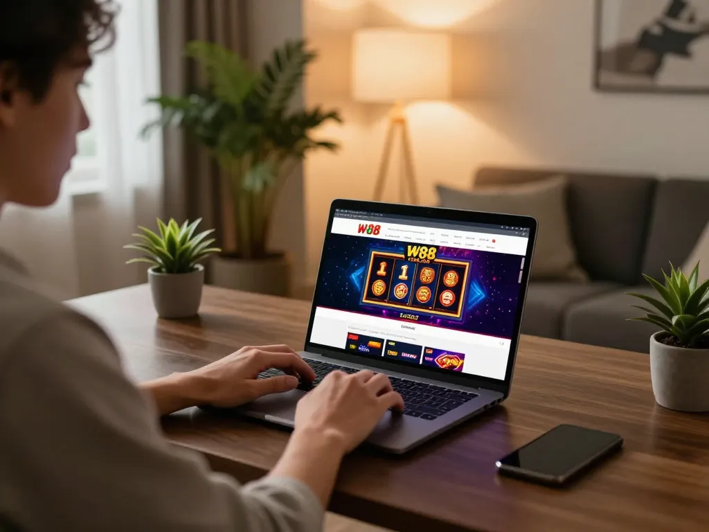 Engaging online gambling session with W88 casino website displayed on laptop, showcasing strategic gaming experience.