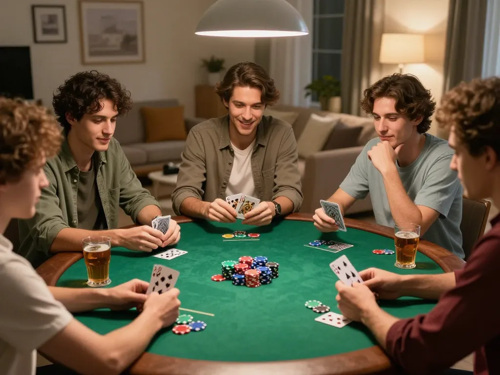 Friends play poker at home, showcasing the excitement of keonhacaivn in a cozy atmosphere