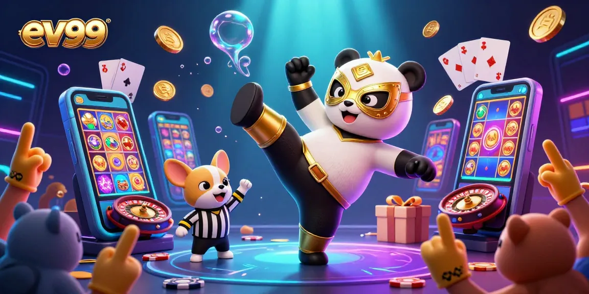 Experience the thrill of ev99 with a vibrant 3D casino scene filled with action and winning energy.