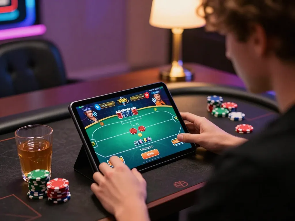 Go8 player engages in online poker strategy at home, showcasing dynamic gameplay and strategic focus
